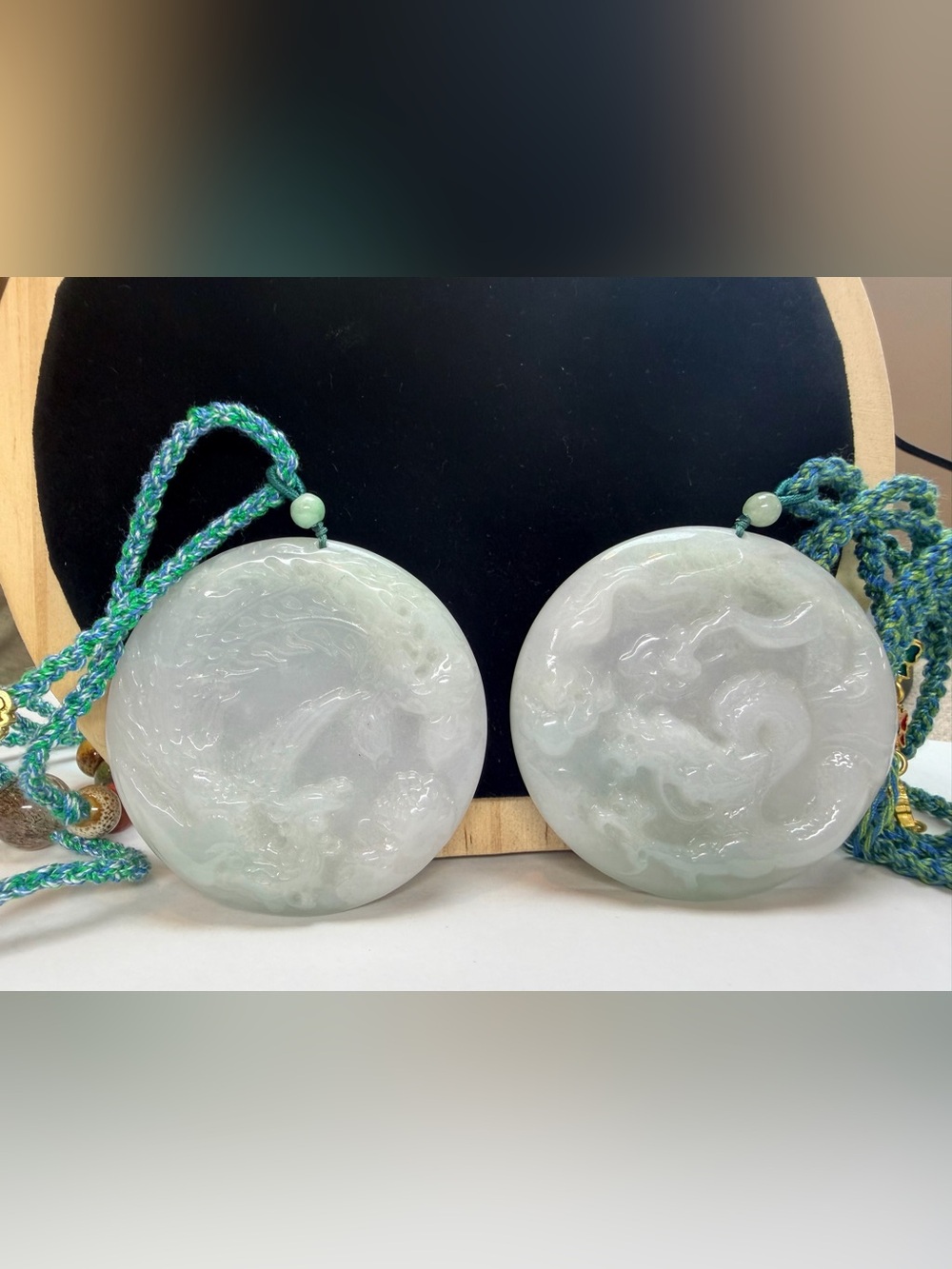 Natural Burmese Type A Jadeite Jade Dragon & Phoenix Pendant Set – hand-carved